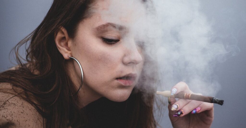 Portrait of a teenage girl smoking, representing youth culture and rebellious attitude.